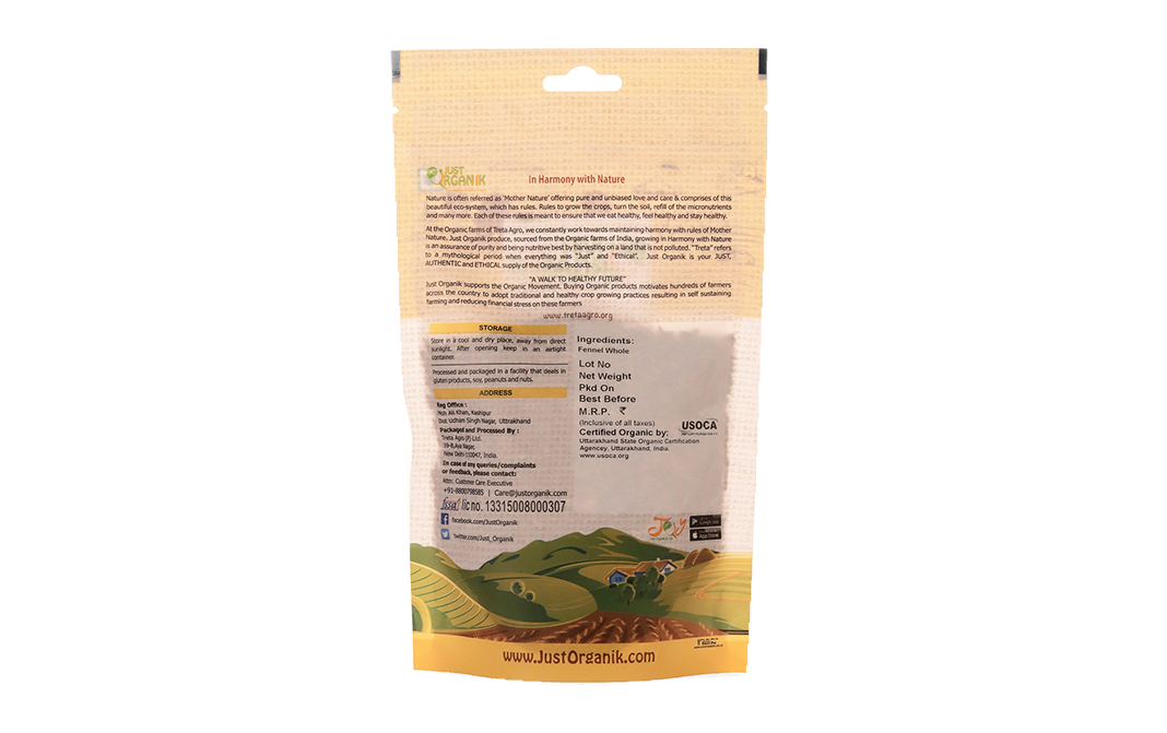 Just Organik Organic Fennel Whole    Pack  100 grams